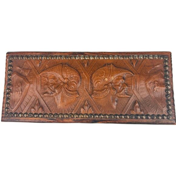 Vintage Wood Jewelry Box Carved Leather Top Roman Guards & Shields Design - Picture 1 of 11